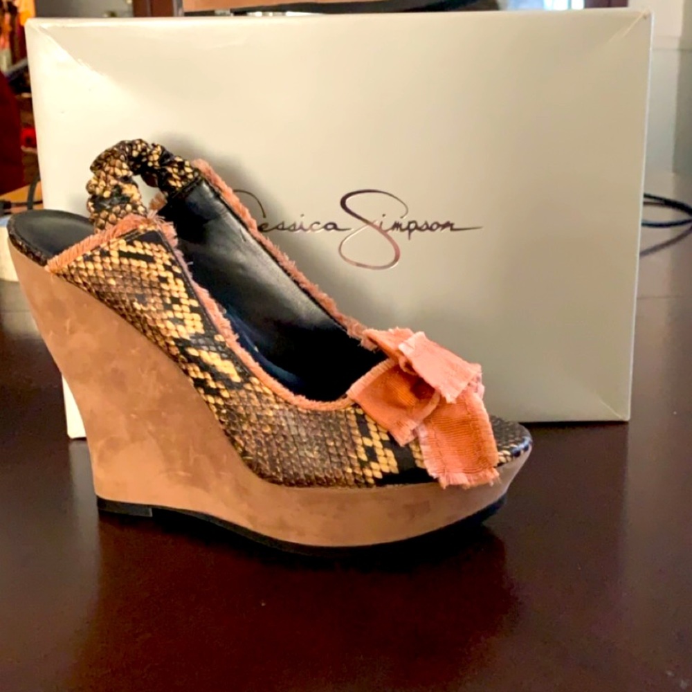 Brand new faux snake skin suede wedges